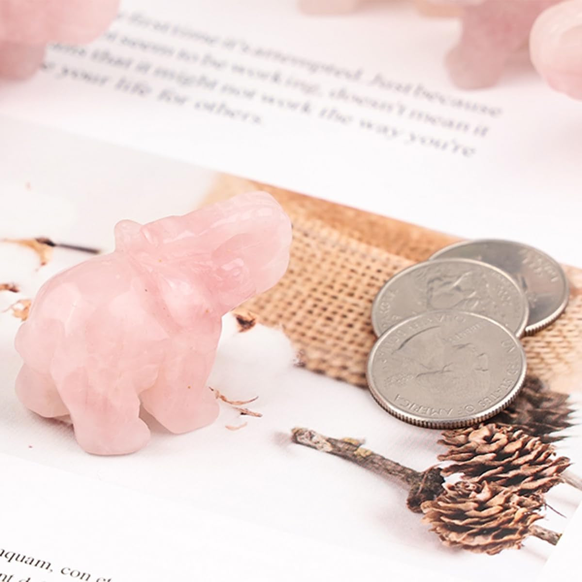 1.5 Inch Rose Quartz Elephant Figurine, Healing Stone Elephant with Trunk up Good Luck Desk Decor for Office Home