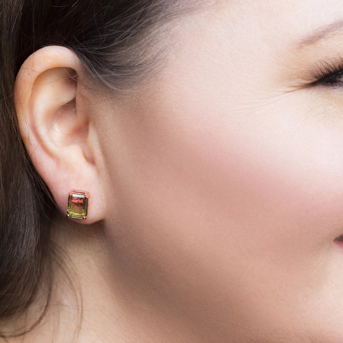 Emerald Cut Simulated Watermelon Tourmaline and round Cubic Zirconia Stud Earring for Women in Rose Gold Plated Sterling Silver