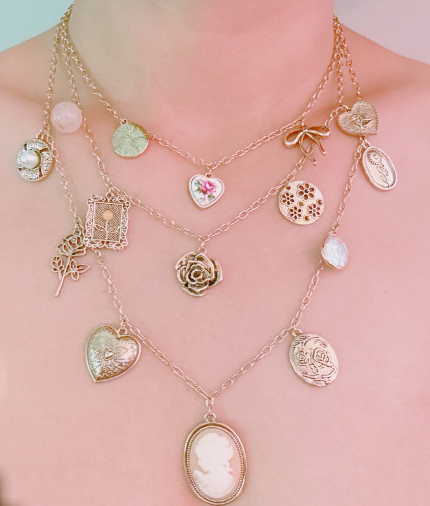 Vintage Rose Charm Layered Necklace – Romantic Multi-Strand Chain with Antique Inspired Cameo Details