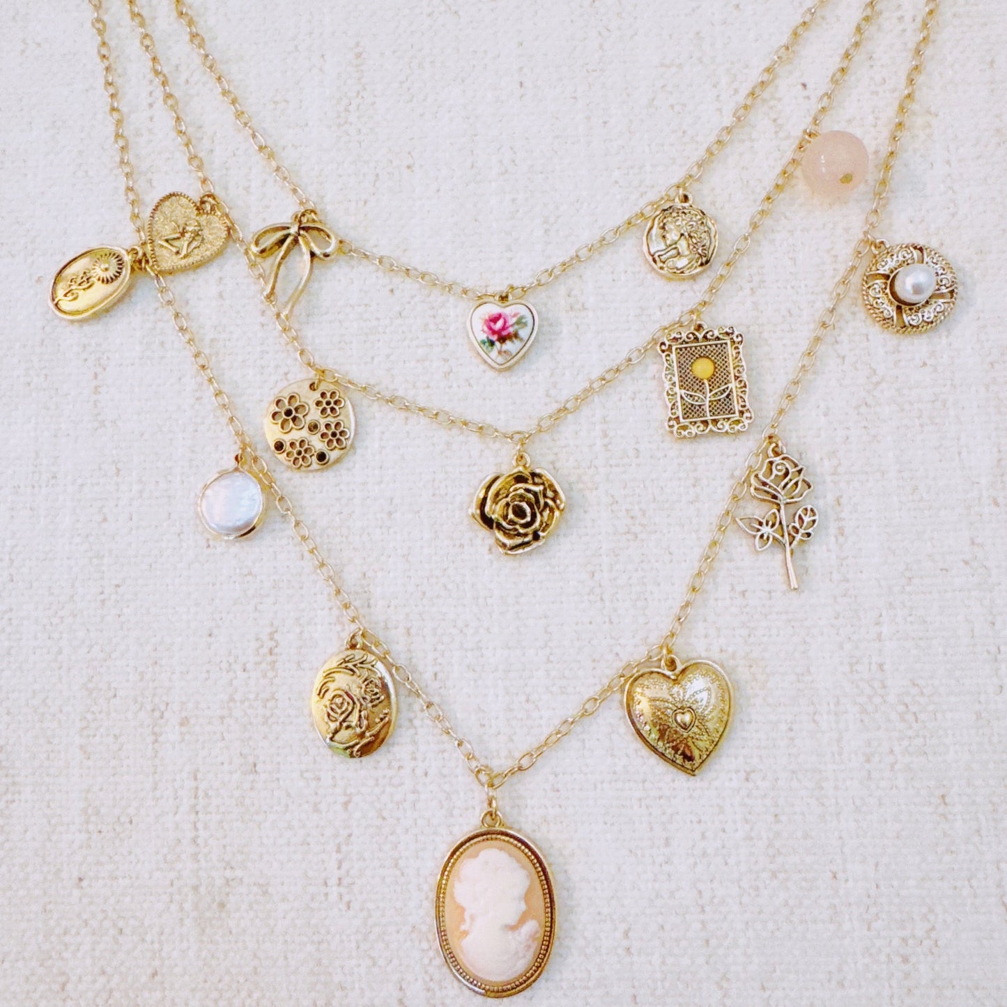 Vintage Rose Charm Layered Necklace – Romantic Multi-Strand Chain with Antique Inspired Cameo Details