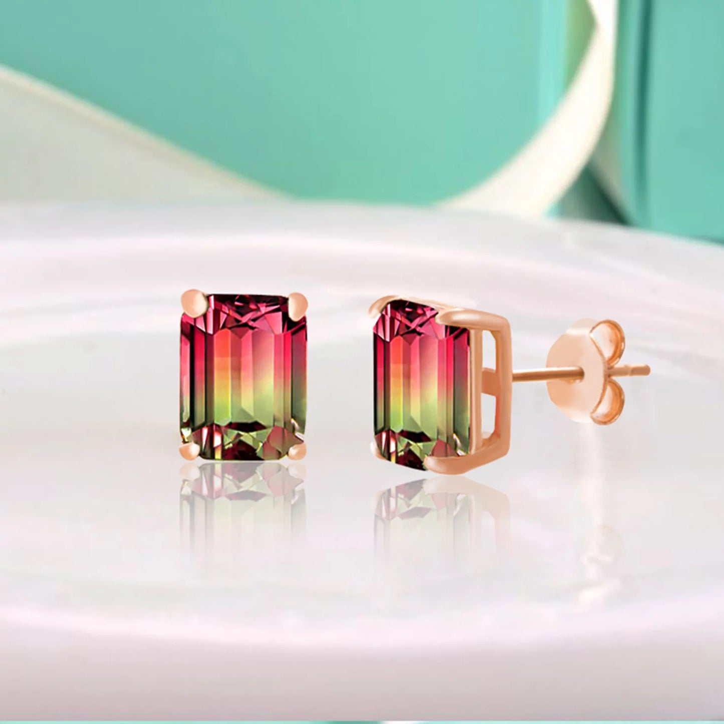 Emerald Cut Simulated Watermelon Tourmaline and round Cubic Zirconia Stud Earring for Women in Rose Gold Plated Sterling Silver