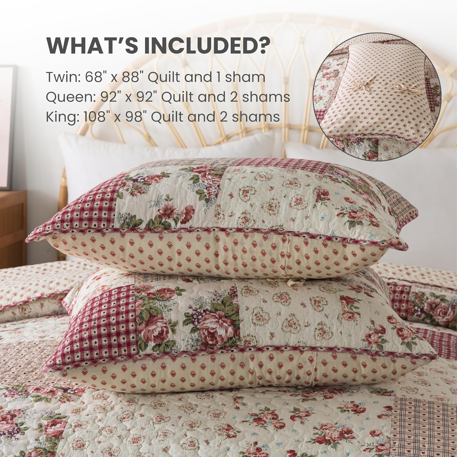 Country Roses Patchwork Cotton Pieced Quilt Set - Queen Size with 2 Shams, French Country Style Floral Bedding, Red Rose Farmhouse Quilted Bedspread with Flower Pattern