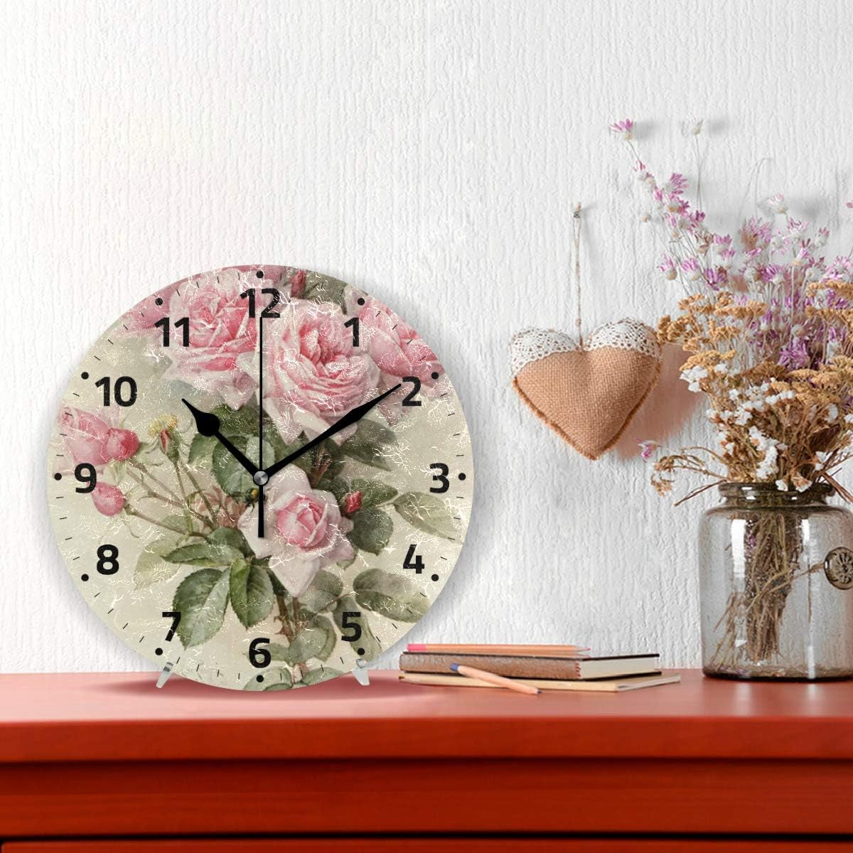 Rose Floral Flower Wall Clock Non Ticking Decorative Desk Clock for Bedroom Kitchen Living Room School Office 9.4 Inch