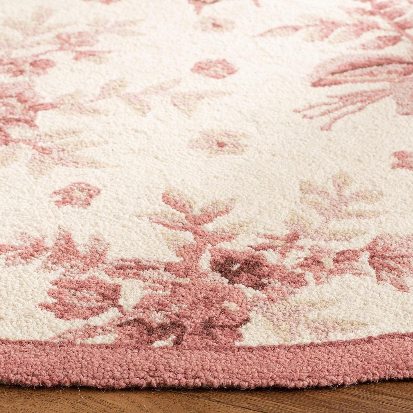 Chelsea Collection Area Rug - 4' Round, Ivory & Rose, Hand-Hooked French Country Wool, Ideal for High Traffic Areas in Living Room, Bedroom (HK250C)