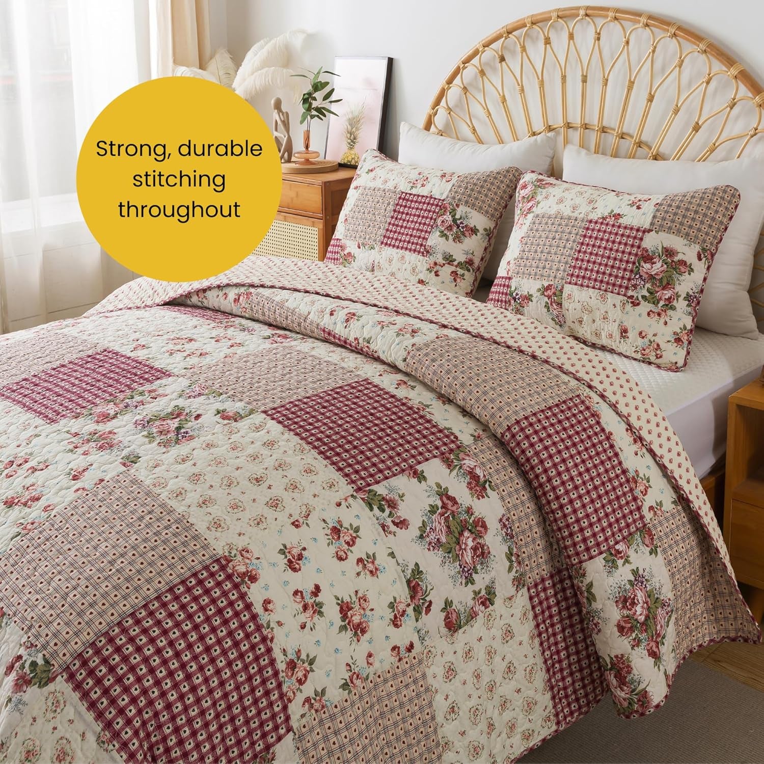 Country Roses Patchwork Cotton Pieced Quilt Set - Queen Size with 2 Shams, French Country Style Floral Bedding, Red Rose Farmhouse Quilted Bedspread with Flower Pattern