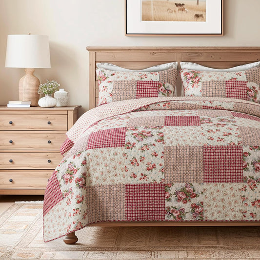 Country Roses Patchwork Cotton Pieced Quilt Set - Queen Size with 2 Shams, French Country Style Floral Bedding, Red Rose Farmhouse Quilted Bedspread with Flower Pattern