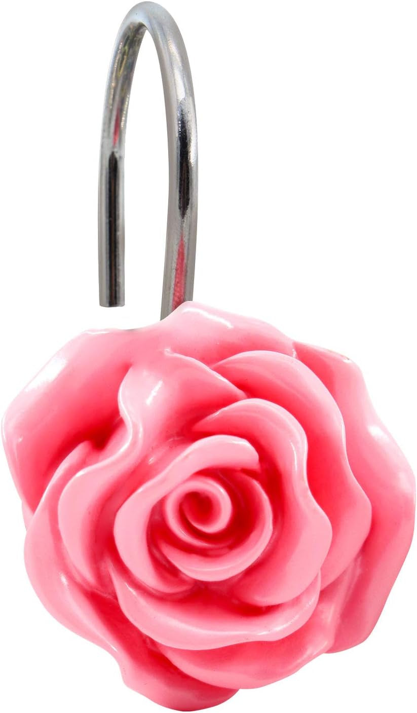Shower Curtain Hooks, Home Decorative Rustproof Shower Curtain Hooks Resin Rose Flower Shower Hooks Rings for Bathroom Shower Rods Curtains,Set of 12 Hooks (Pink)