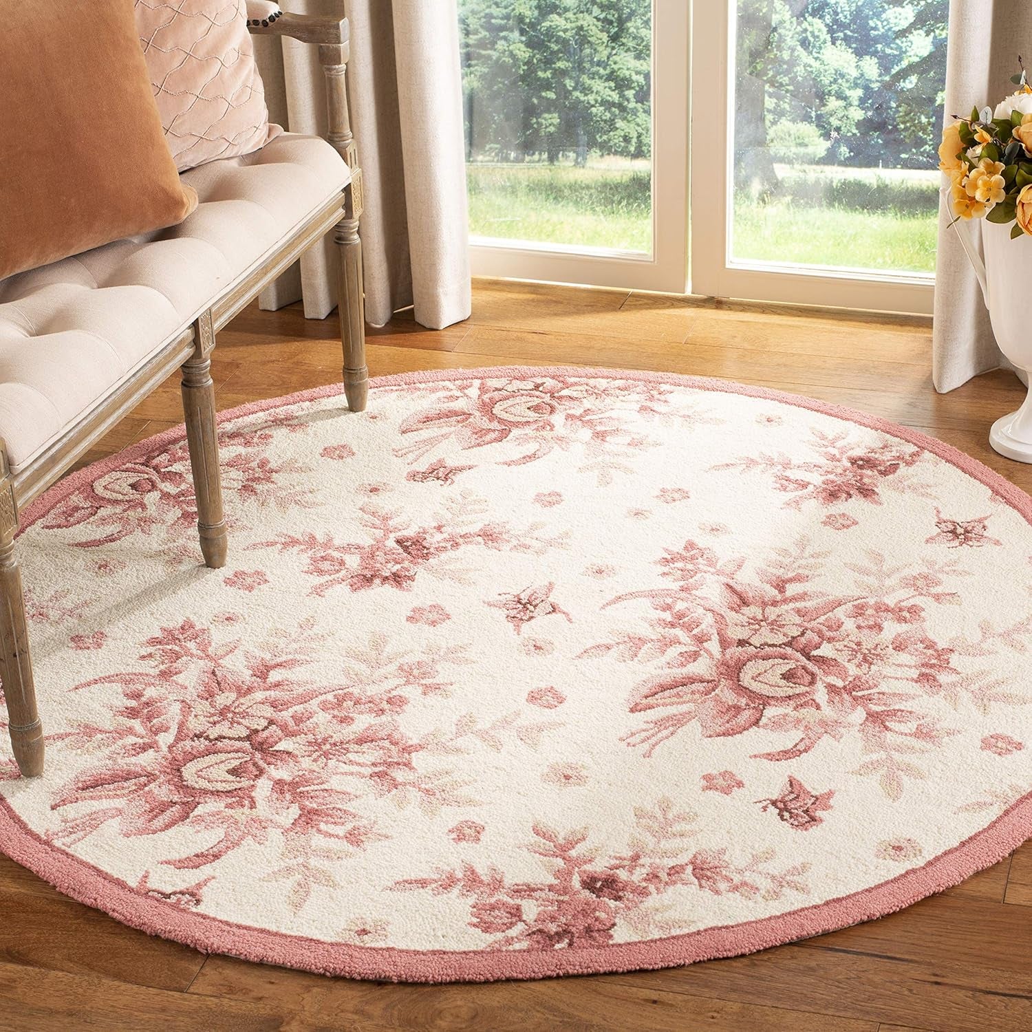Chelsea Collection Area Rug - 4' Round, Ivory & Rose, Hand-Hooked French Country Wool, Ideal for High Traffic Areas in Living Room, Bedroom (HK250C)