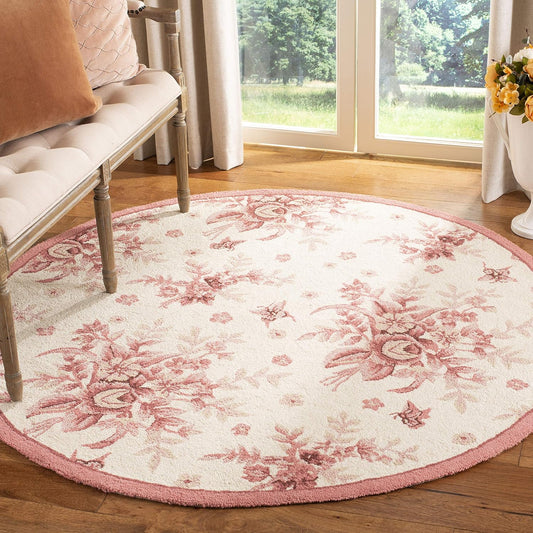 Chelsea Collection Area Rug - 4' Round, Ivory & Rose, Hand-Hooked French Country Wool, Ideal for High Traffic Areas in Living Room, Bedroom (HK250C)