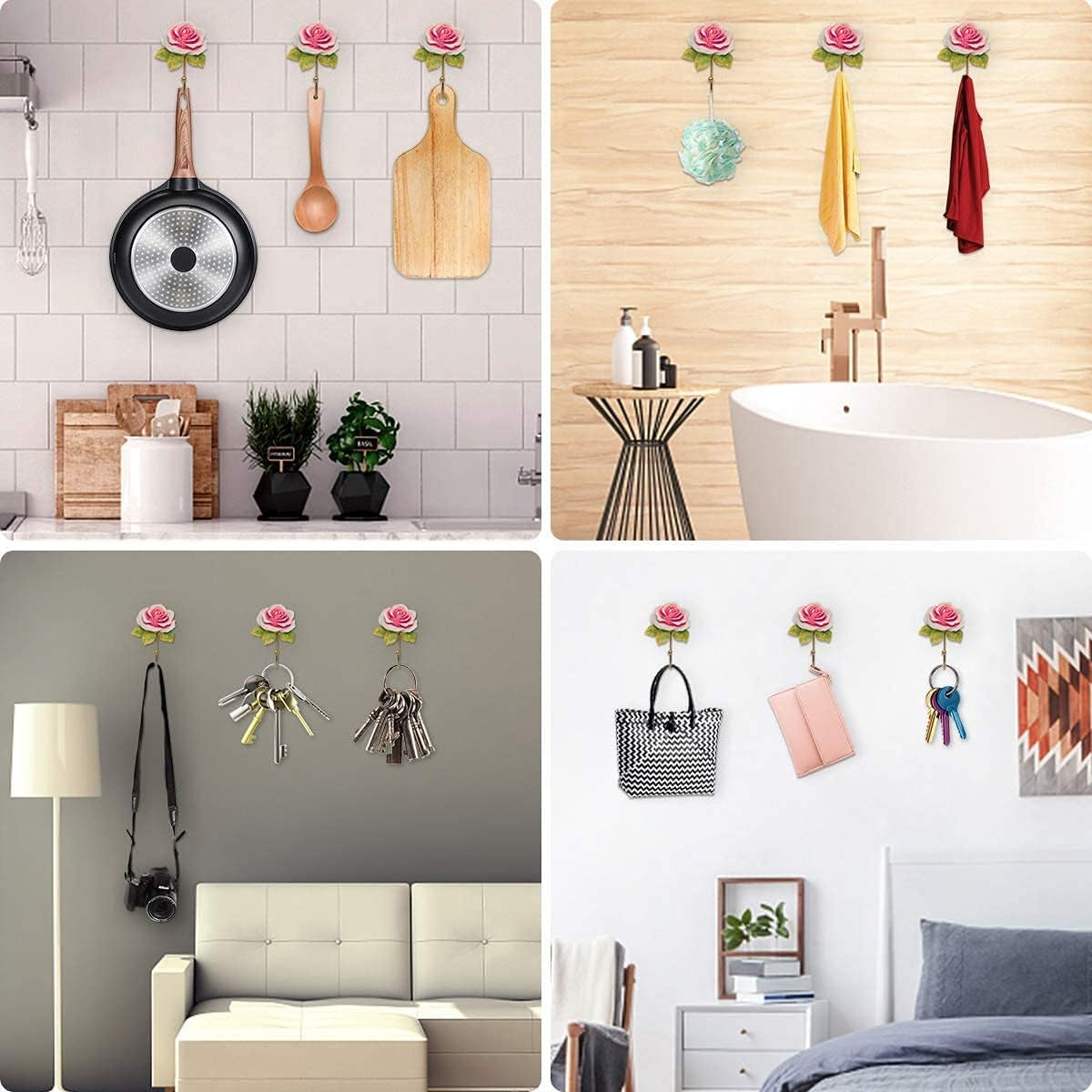 Rose Resin Wall Hooks (3pc) - Wall Mounted Creative Flower Iron Hook for Hanging Coat/Hat/Key/Towel/Handbag