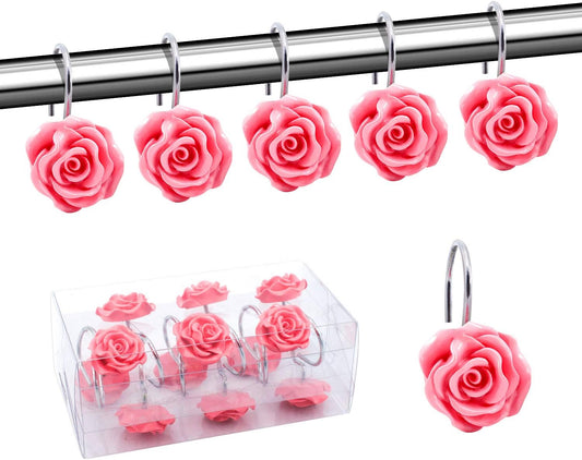Shower Curtain Hooks, Home Decorative Rustproof Shower Curtain Hooks Resin Rose Flower Shower Hooks Rings for Bathroom Shower Rods Curtains,Set of 12 Hooks (Pink)
