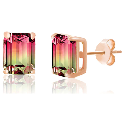 Emerald Cut Simulated Watermelon Tourmaline and round Cubic Zirconia Stud Earring for Women in Rose Gold Plated Sterling Silver
