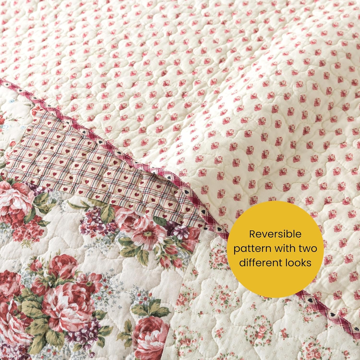 Country Roses Patchwork Cotton Pieced Quilt Set - Queen Size with 2 Shams, French Country Style Floral Bedding, Red Rose Farmhouse Quilted Bedspread with Flower Pattern