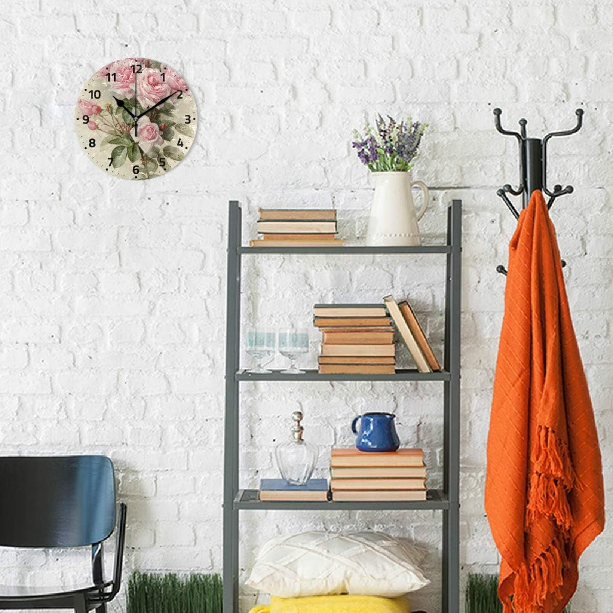 Rose Floral Flower Wall Clock Non Ticking Decorative Desk Clock for Bedroom Kitchen Living Room School Office 9.4 Inch