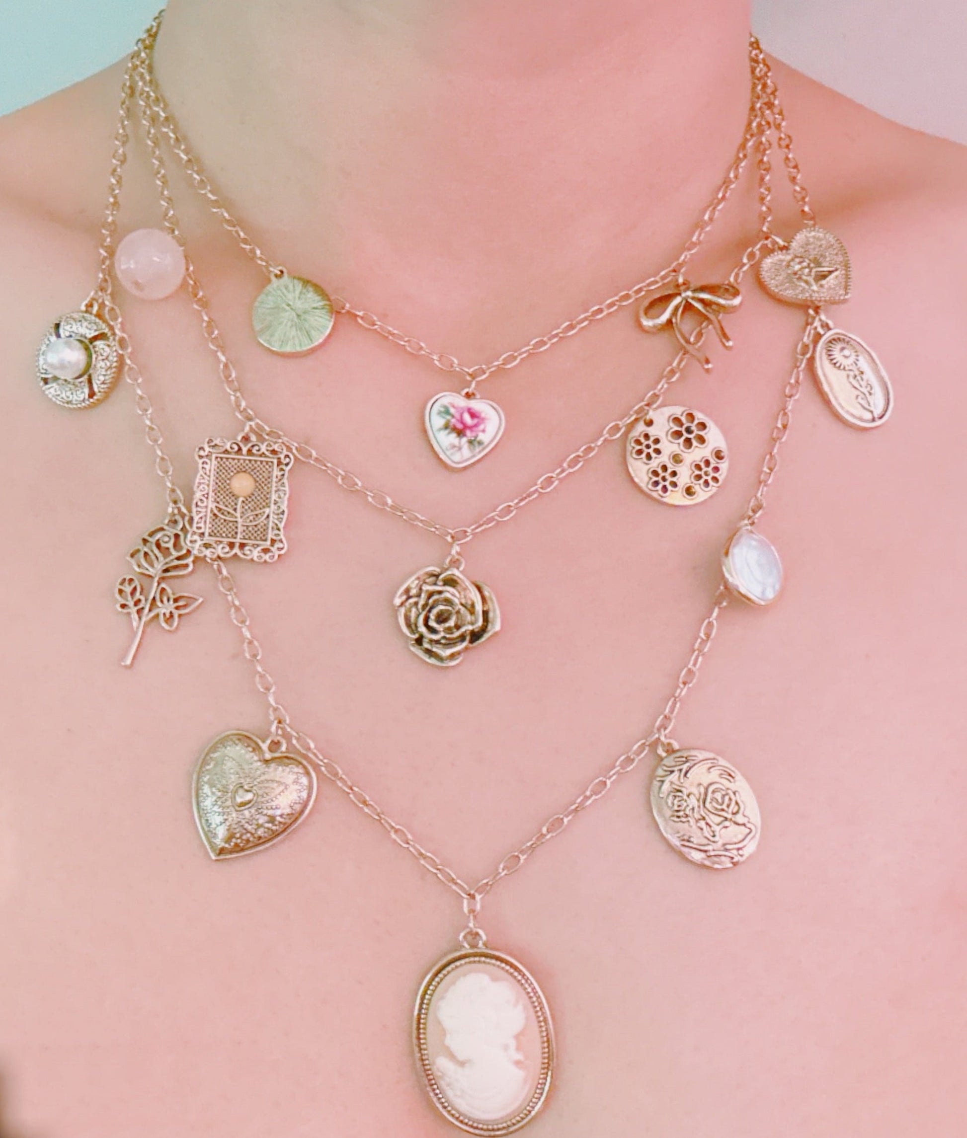 Vintage Rose Charm Layered Necklace – Romantic Multi-Strand Chain with Antique Inspired Cameo Details