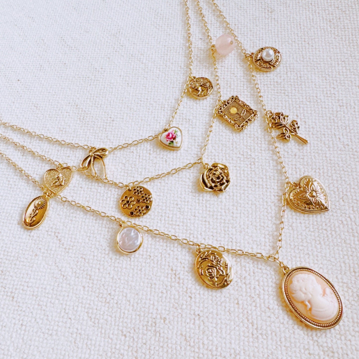Vintage Rose Charm Layered Necklace – Romantic Multi-Strand Chain with Antique Inspired Cameo Details
