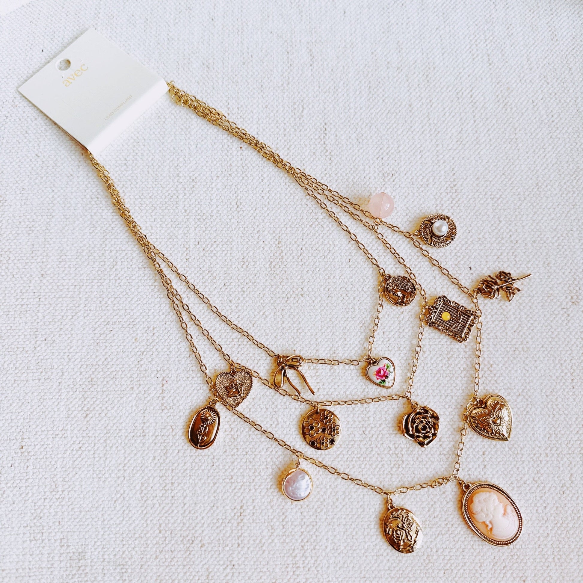 Vintage Rose Charm Layered Necklace – Romantic Multi-Strand Chain with Antique Inspired Cameo Details