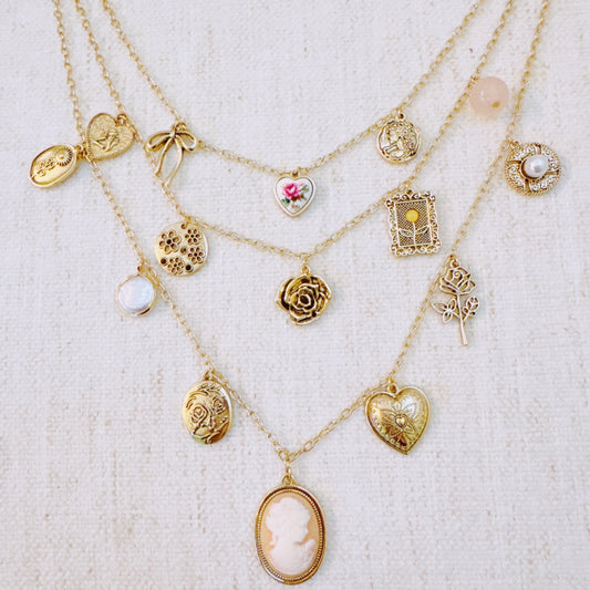 Vintage Rose Charm Layered Necklace – Romantic Multi-Strand Chain with Antique Inspired Cameo Details