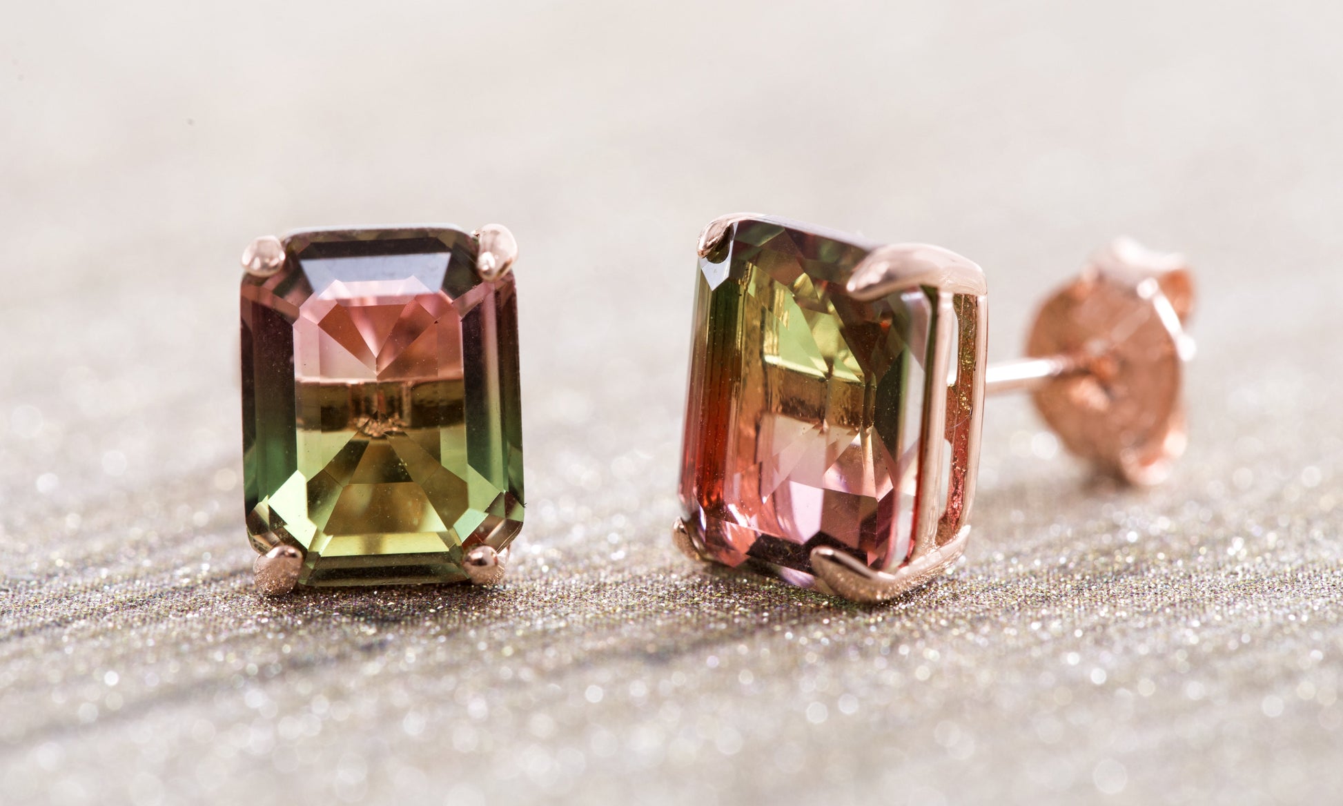 Emerald Cut Simulated Watermelon Tourmaline and round Cubic Zirconia Stud Earring for Women in Rose Gold Plated Sterling Silver