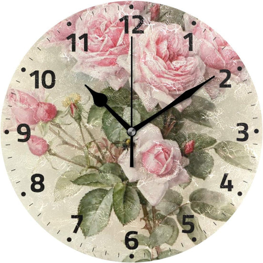 Rose Floral Flower Wall Clock Non Ticking Decorative Desk Clock for Bedroom Kitchen Living Room School Office 9.4 Inch