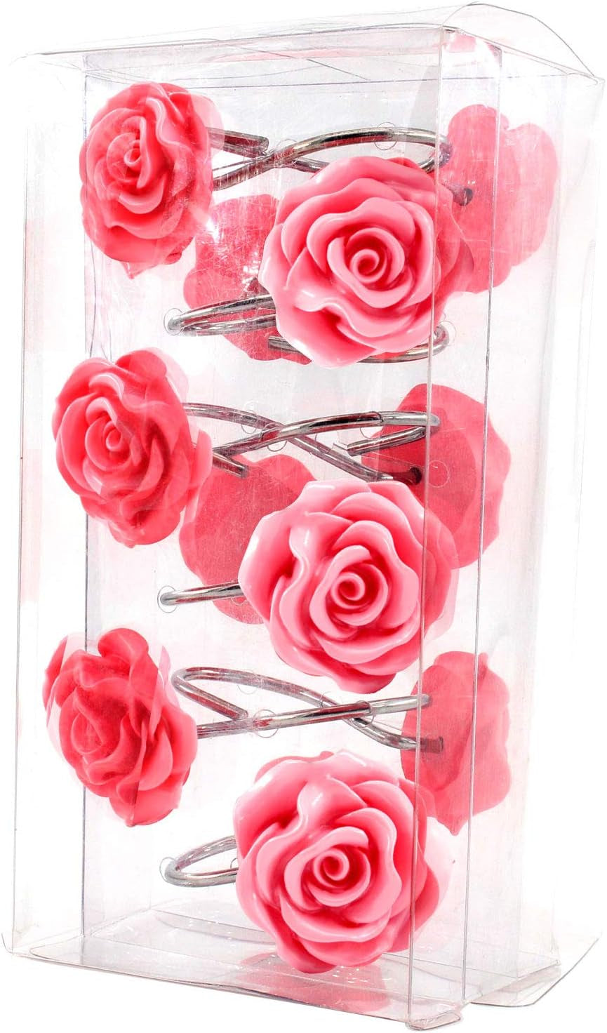 Shower Curtain Hooks, Home Decorative Rustproof Shower Curtain Hooks Resin Rose Flower Shower Hooks Rings for Bathroom Shower Rods Curtains,Set of 12 Hooks (Pink)