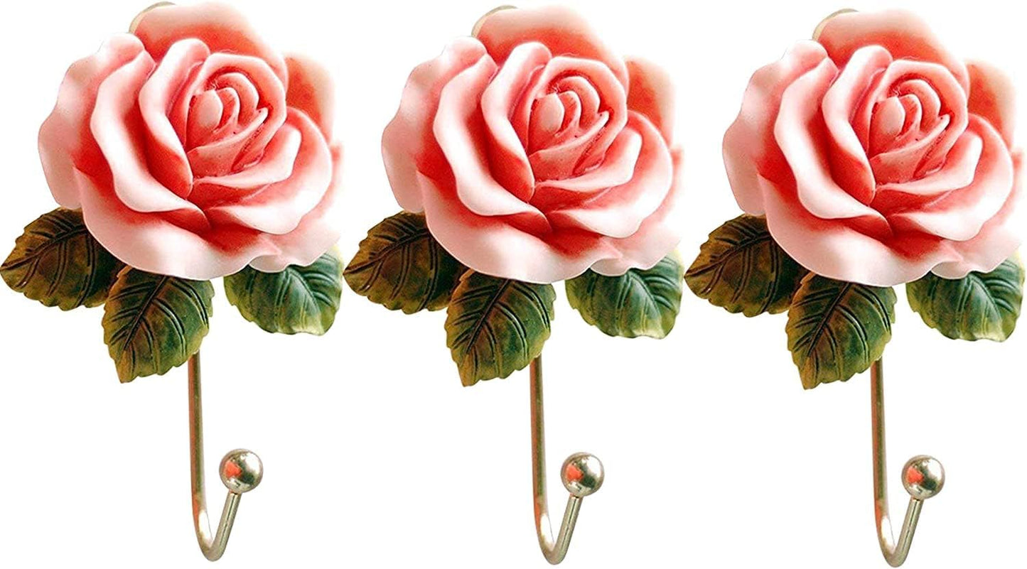 Rose Resin Wall Hooks (3pc) - Wall Mounted Creative Flower Iron Hook for Hanging Coat/Hat/Key/Towel/Handbag