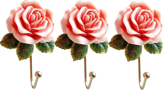Rose Resin Wall Hooks (3pc) - Wall Mounted Creative Flower Iron Hook for Hanging Coat/Hat/Key/Towel/Handbag