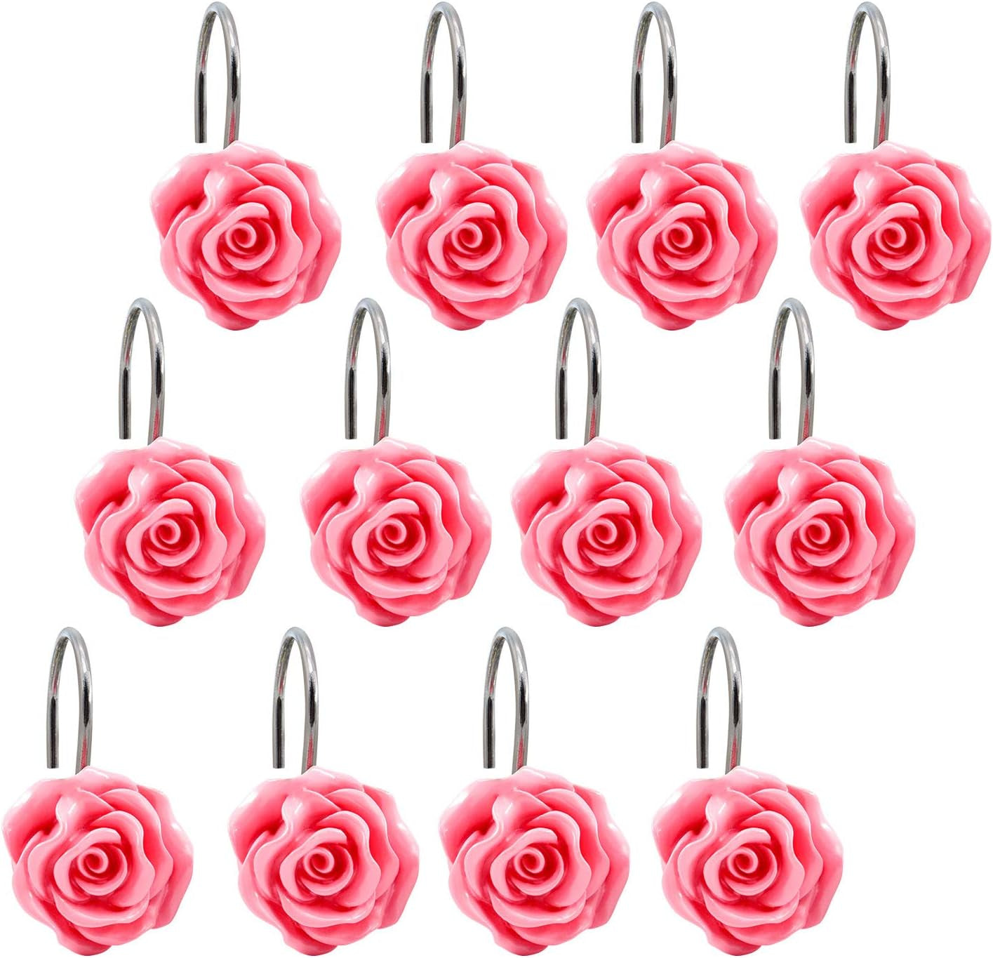 Shower Curtain Hooks, Home Decorative Rustproof Shower Curtain Hooks Resin Rose Flower Shower Hooks Rings for Bathroom Shower Rods Curtains,Set of 12 Hooks (Pink)